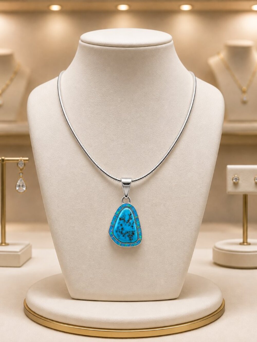 Vintage Navajo Turquoise & Opal Inlay Sterling Silver Pendant Necklace on Chain